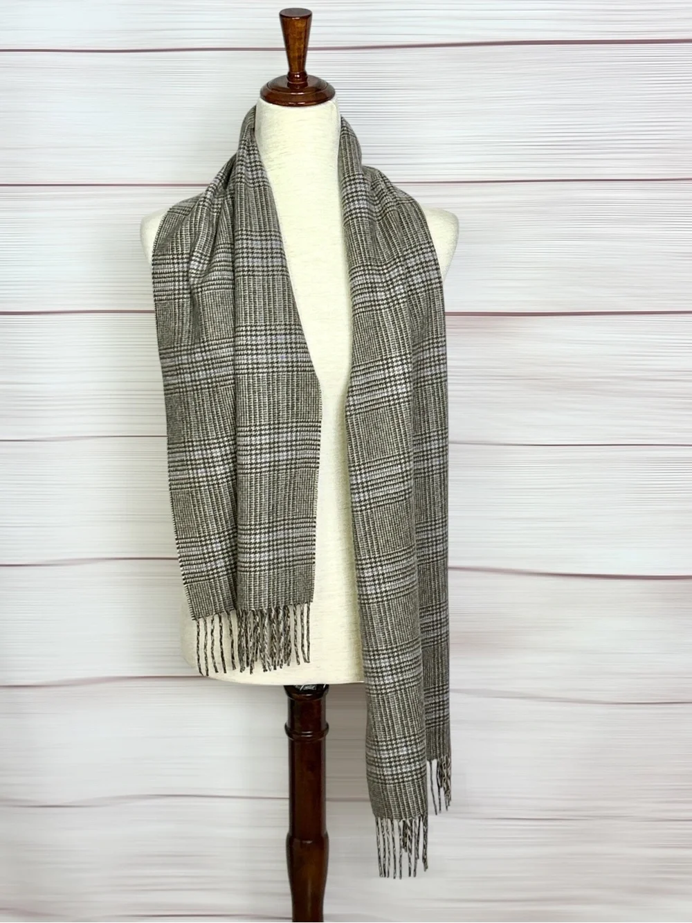 Amicale Cashmere Scarf Glen Plaid Taupe Beige Blue Fringe 12x64  Men's Women's